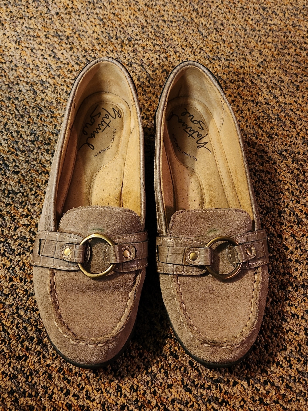 Natural Soul Taupe Suede Loafers with Gold Ring Accent, Slight Tear As Shown